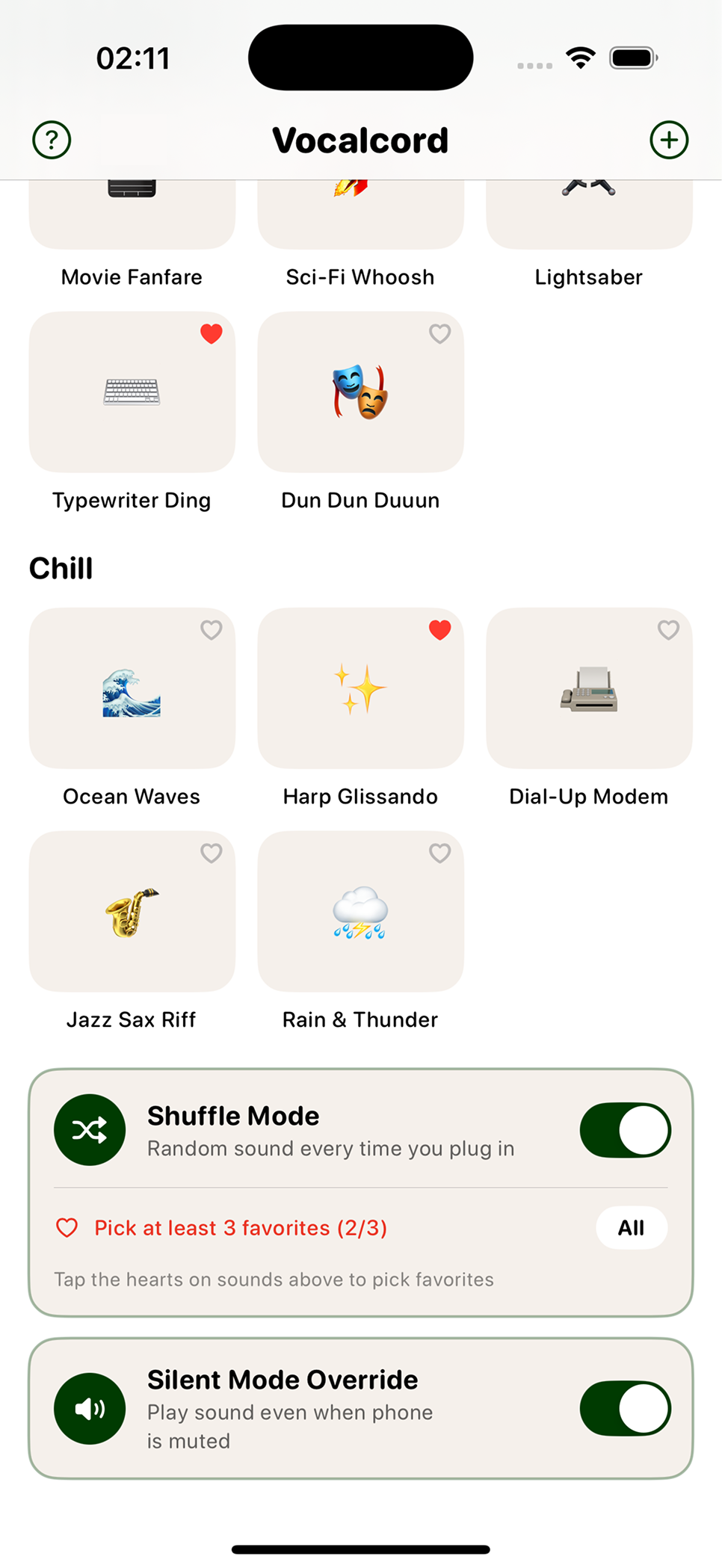 Sound categories grid with Shuffle Mode and Silent Override toggles