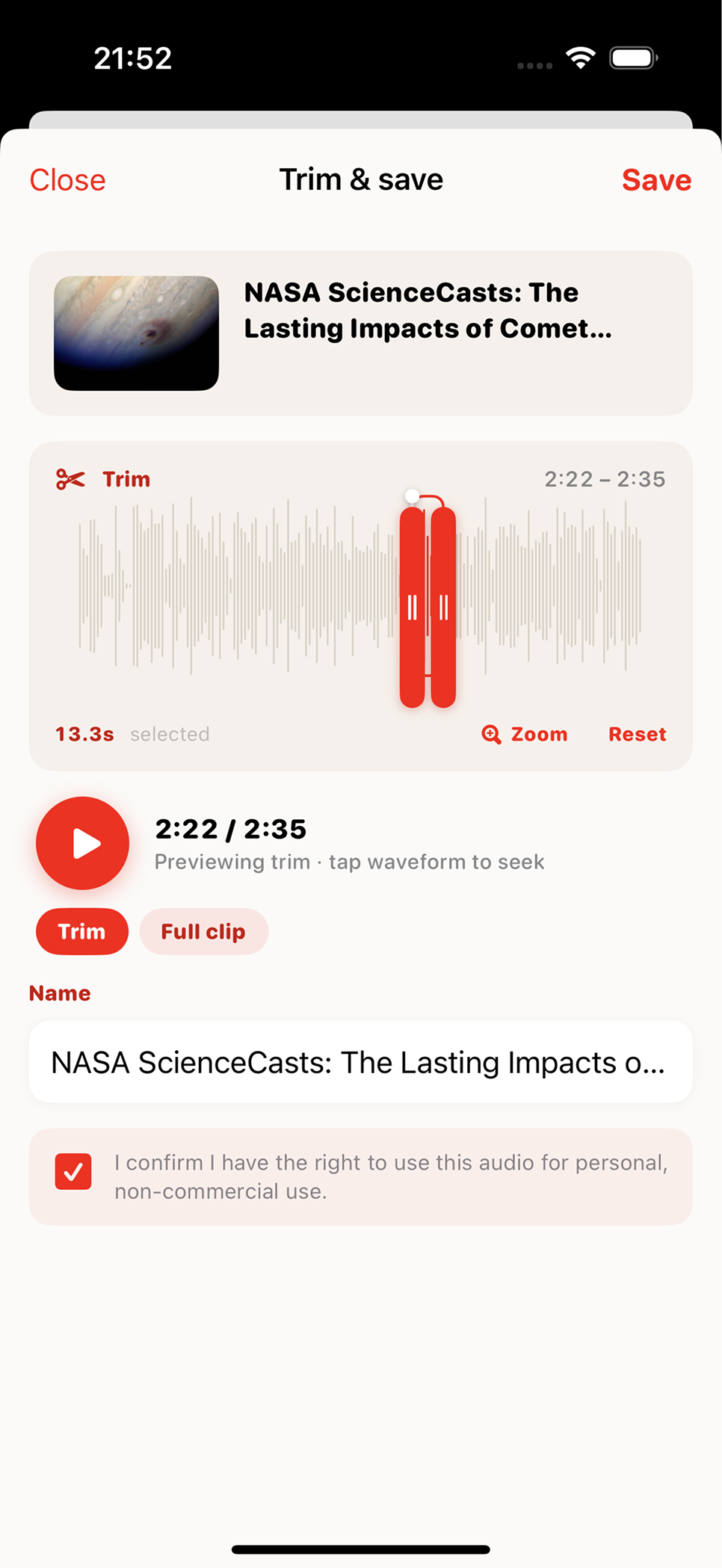 Vocalcord trim and save screen with an audio waveform
